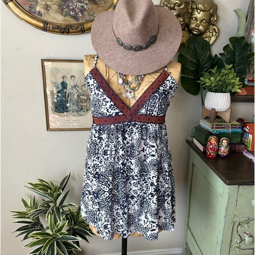 Shyanne‎ Blue White Orange Paisley Floral Western Tunic Mini Dress Sz XS Cowgirl